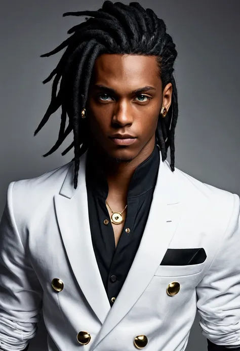 Dark-skinned young man, blue eyes and black jacket, Dreadlocks azul claro, estilo de cabelo dreadlock, not anime style, colourful drawing, unrealistic character concept, Portrait of my character concept, detailed portrait of the character, anime style char...