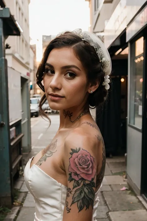 TATTOOED BRIDE DRESSED IN A PINK WEDDING GOWN