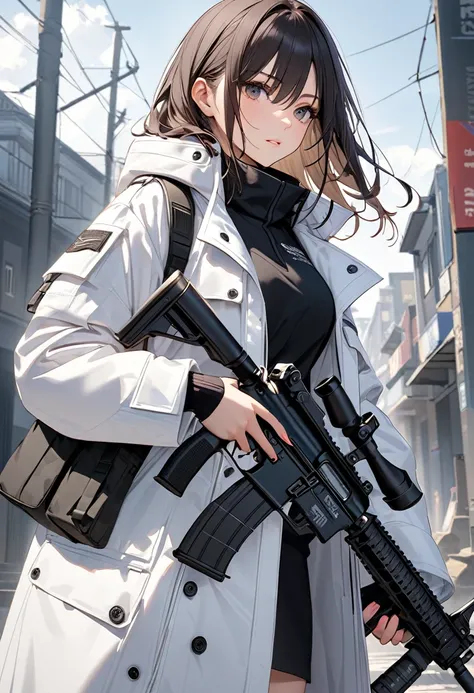 A woman in a white coat is standing with an assault rifle