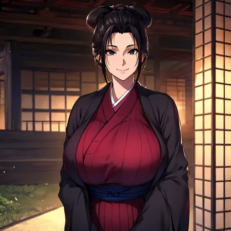 a woman wearing a black kimono with burgundy details, straight black hair, tied up hair, perfect face, perfect eyes, perfect hai...