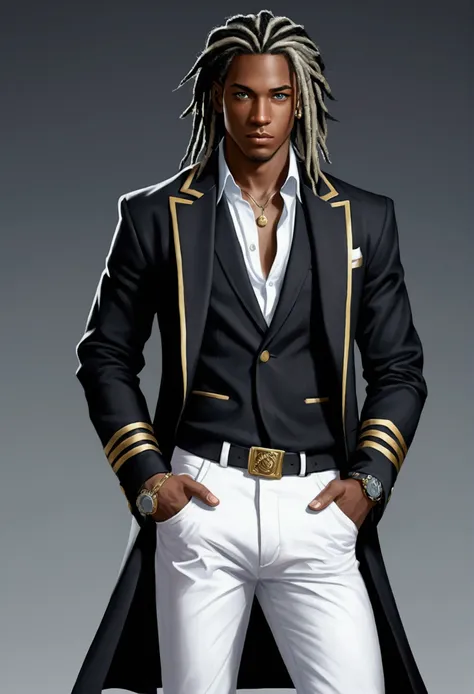 Dark-skinned young man, blue eyes and black jacket, Dreadlocks azul claro, estilo de cabelo dreadlock, not anime style, colourful drawing, unrealistic character concept, Portrait of my character concept, detailed portrait of the character, anime style char...