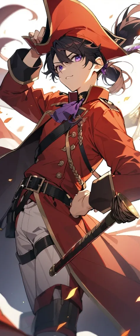 1boy, teenager, Pretty Face, black hair, purple eyes, wearing a red pirate uniform, holding a sword in hand.