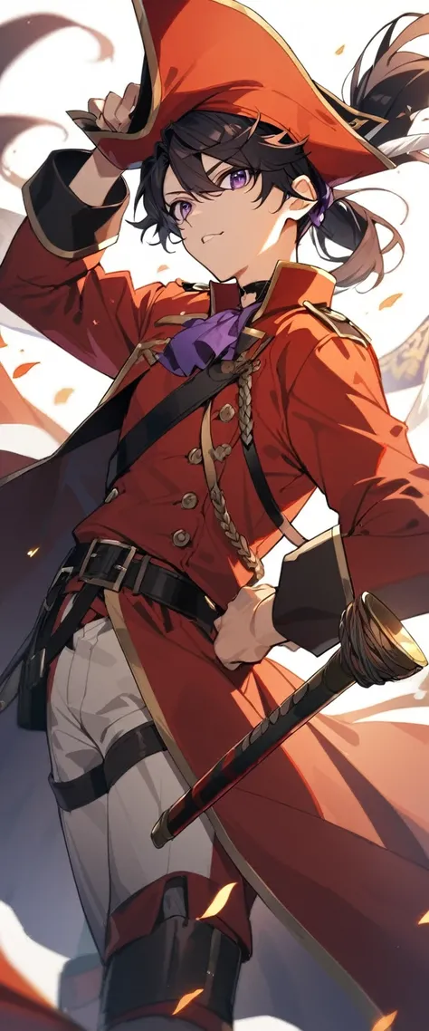 1boy, teenager, Pretty Face, black hair, purple eyes, wearing a red pirate uniform, holding a sword in hand.