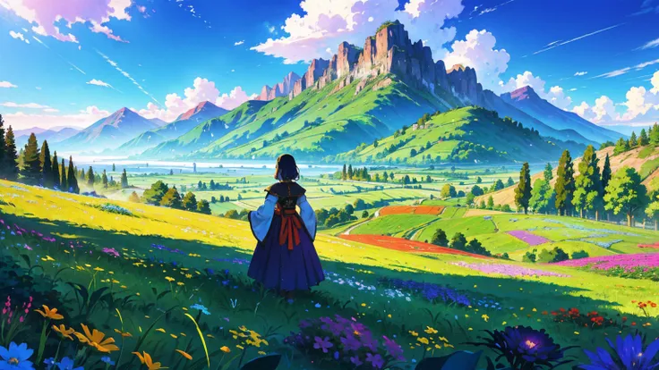 a woman stood on the grass, woman from a distance, landscape, bright blue sky, the sky fills the picture, and valley mountain with flower colorful color blue red green purple yellow and ancient fantasy world medieval