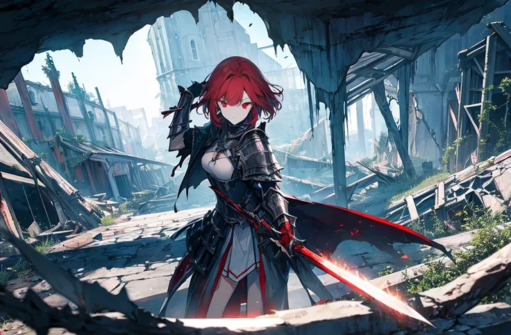 4k,hight resolution,One Woman,Bright red hair,Longhaire,red eyes,knights,white sacred armor,jewel decorations,Big sword,medieval town,furious,((dark cave,ruin place)),