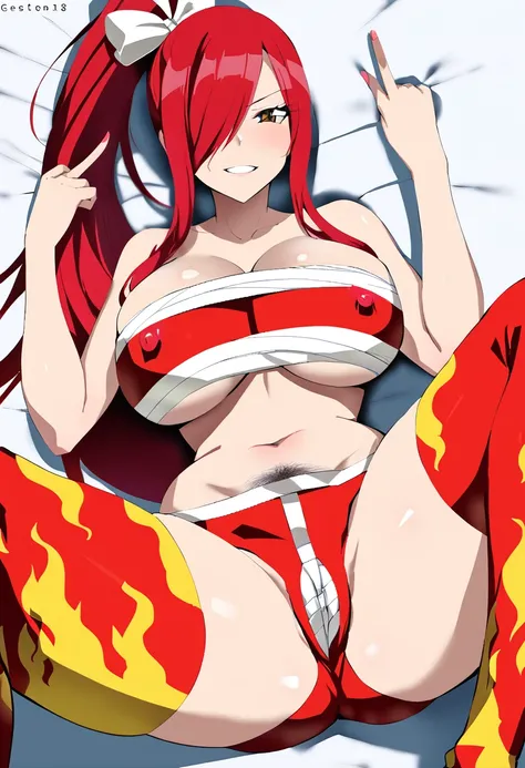 show off nipples,spread legs,pubic hair,Erza,  red hair, navel,flame pants, collarbone, 1girl, bare shoulders,cleavage, hair over one eye, large breasts, long hair,bandages, chest sarashi,cleavage,white ribbon, looking at viewer, laying down,on back, grin,...