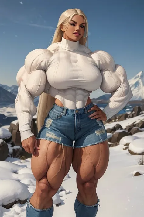 ((Close view)), tall, White haired woman, long straight hair, light brown skinned, closed smile, (black lipstick), (massive muscles), (hyper muscle), ((ginormous bulky muscles)), blue eyes, ((long sleeve white turtleneck sweater and denim shorts)), sneaker...