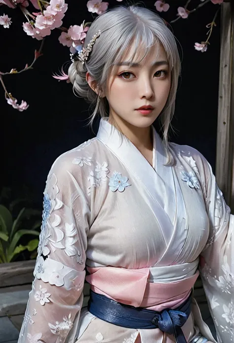 beautiful goddess（1 person）、white fox incarnation、it has nine tails、beautiful woman、kimono、trained muscles、big breasts、gray hair...