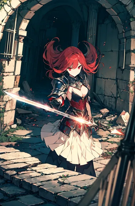 4k,hight resolution,One Woman,Bright red hair,Longhaire,red eyes,knights,white sacred armor,jewel decorations,Big sword,medieval town,furious,((dark cave,ruin place)),