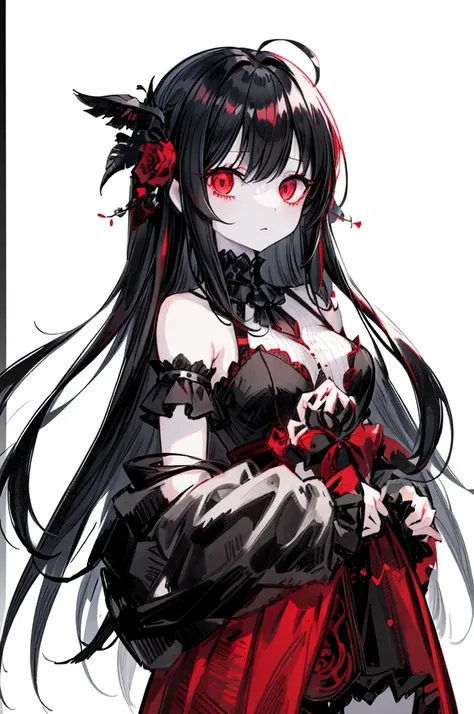 1girl, black hair, (red eye) ,red rose, Red bow,  black noble dress ,pale skin,
(high resolution, high detail, best quality), mysterious, elegant, shy