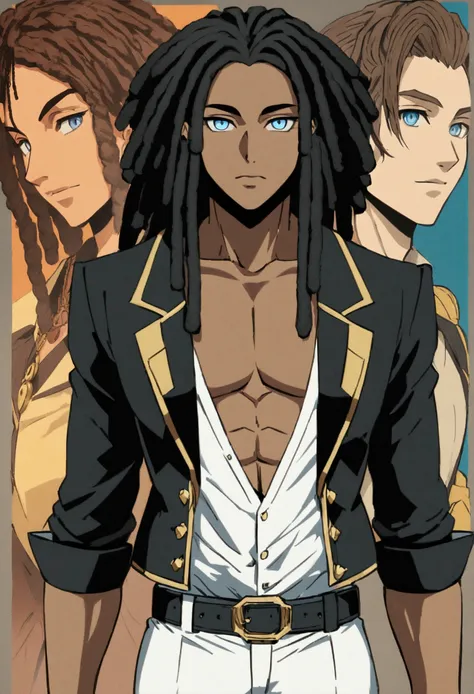 dark-skinned young man, blue eyes and black jacket, dreadlocks azul claro, estilo de cabelo dreadlock, not anime style, colourfu...