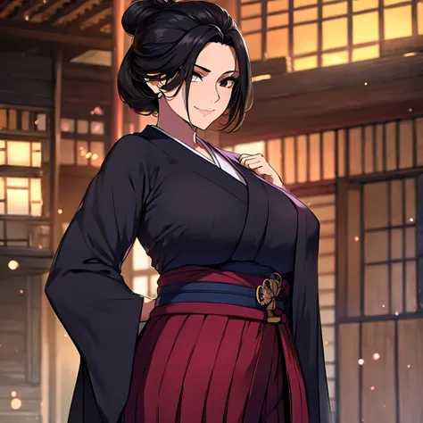 a woman wearing a black kimono with burgundy details, straight black hair, tied up hair, perfect face, perfect eyes, perfect hai...