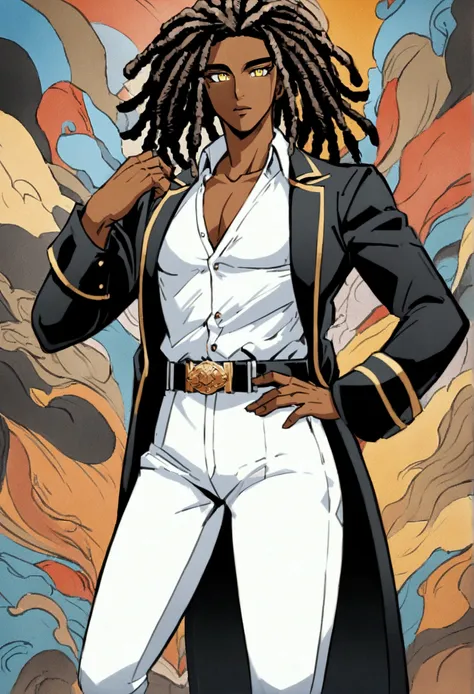 dark-skinned young man, yellow eyes and black jacket, dreadlocks azul claro, estilo de cabelo dreadlock, not anime style, colour...