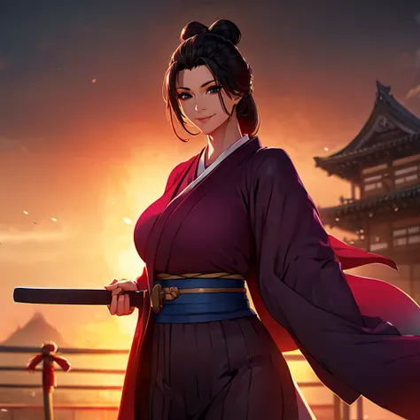 a woman wearing a black kimono with burgundy details, straight black hair, tied up hair, perfect face, perfect eyes, perfect hai...