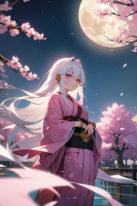 woman, long hair, white hair, pink eyes, wears a kimono, on her right arm she wears bracelets, scenery and a moon with cherry blossoms on her