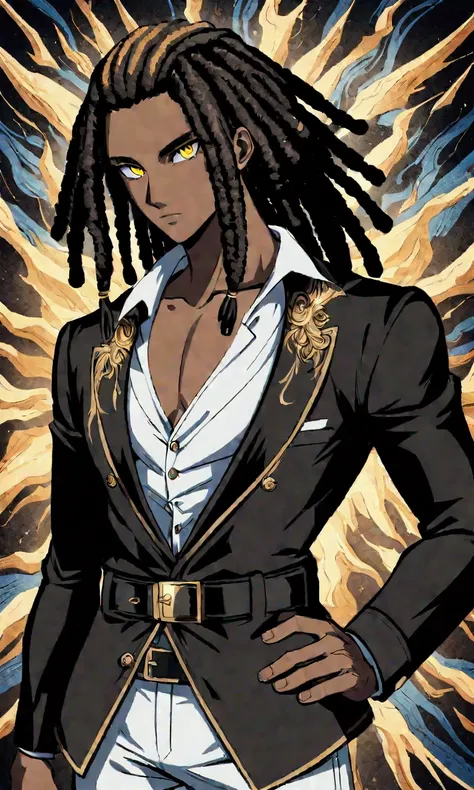 dark-skinned young man, yellow eyes and black jacket, dreadlocks azul claro, estilo de cabelo dreadlock, not anime style, colour...