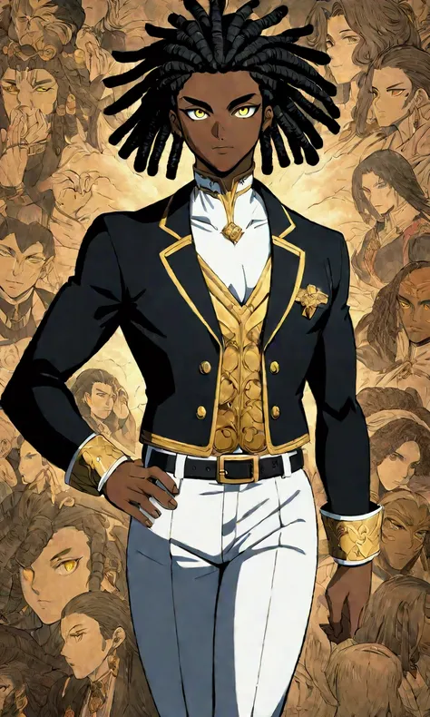 dark-skinned young man, yellow eyes and black jacket, dreadlocks azul claro, not anime style, colourful drawing, unrealistic cha...