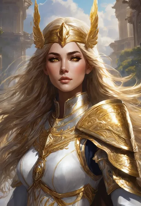 A powerful and striking portrait of Zarael Dawnbringer, a level 20 Aasimar Paladin of Vengeance. Her long, wavy golden hair falls gracefully, contrasting with her piercing silver eyes that gaze forward with determination. Her celestial wings are poised to ...