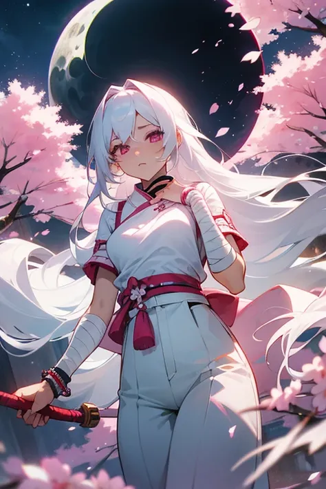 woman, long hair, white hair, pink eyes, wears a traditional Japanese bra, her pants are white, on her top she doesnt use anything just bandages to cover herself, on her right arm she wears bracelets , scenery and a moon with cherry blossoms over it