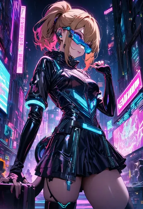 hoshino ruby,solo, oshi no ko, blonde hair, side tail, left pupil is star-shaped, cyberpunk fashion, futuristic outfit, young ad...