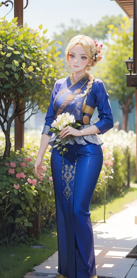 beautiful woman，folk girl，long, blonde hair , blue eyes , braid ,purple thai dress,กระโปรงไทยโบราณlong，holding a jasmine garland...