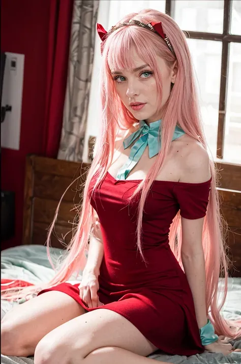 A adult girl wearing a shirt red dress looking sexy, green eyes, pink long hairs and two small red thrones in her head