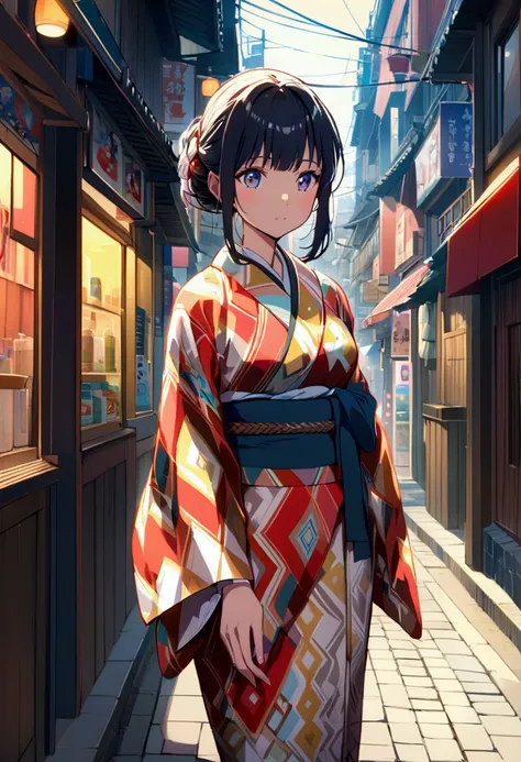 Standing in the streets of Shibuya　A girl wearing a beautifully patterned kimono　Anime Style