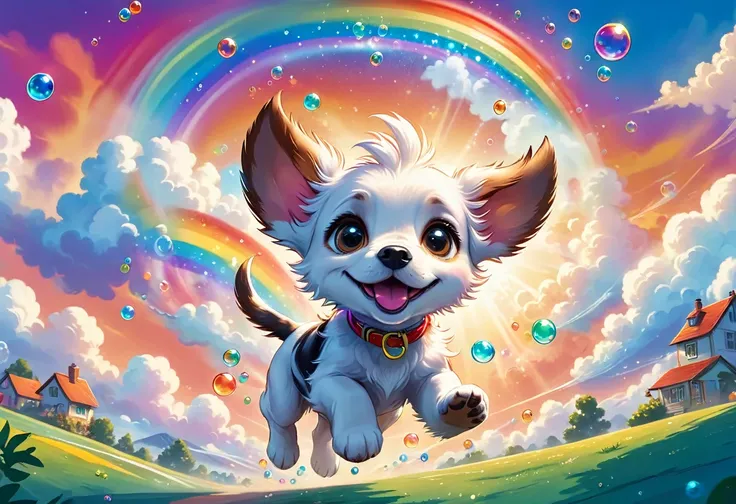 Fantasy illustrations，Cartoon animation，Puppy running in the clouds，big ear，jump，Star，Colorful Clouds，rainbow，Bubbles，Beautiful and dreamy