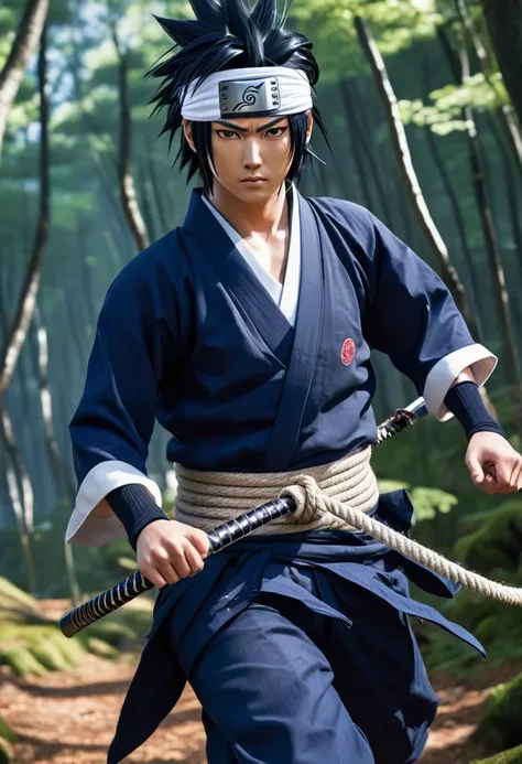 Sasuke Uchiha dressed in his traditional outfit, detailed facial features, expressive eyes and lips, strong and confident expression, black spiky hair, wearing his dark blue high-collared shirt and white arm warmers, a rope belt around his waist, sandals, ...