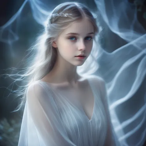 Ghostly Girl, 18-year-old, with (Translucent appearance:1.3), Her figure is almost intangible, with soft glow emanating from her gentle contours, Her ethereal presence subtly distorts the surroundings., Create a dreamy atmosphere