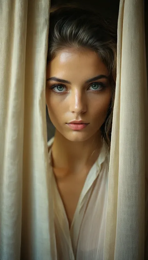 RAW photo, half body shot, beautiful eyes, masterpiece, peeking from behind curtains, colorful details, award winning, high detailed, 8k, natural lighting, analog film, detailed skin, amazing composition, intricate details, subsurface scattering, velus hai...