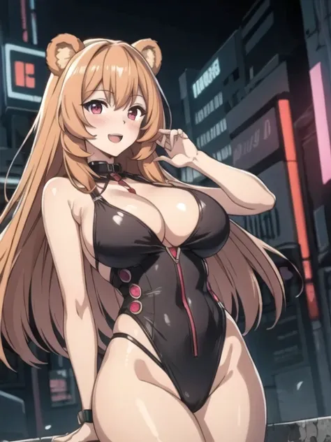 Raphtalia attractive woman. bear ears, orange blonde hair, red eyes like rubies, open mouth smile, blush, big breasts, neckline .Cyberpunk style short clothing,  neon buildings background . Poses.