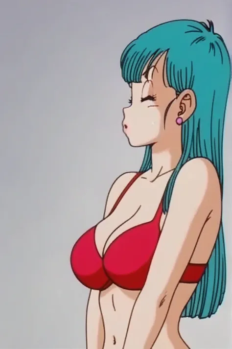 source_anime, score_9, score_8_up, score_7_up, anime screencap, 
bulma (dragonball), 1girl, solo, very long hair, looking at viewer, bangs, closed eyes, red bikini, standing, upper body, moaning, horny facial expression, slutty, sexy, aqua hair, collarbone...