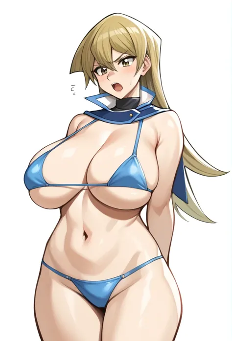 score_9,score_8_up,score_7_up,1girl, arm_behind_back, blonde_hair, brown_eyes, cropped_torso, microbikini, hair_between_eyes, highres, huge_breasts, simple_background, sketch, solo, straight_hair, tenjouin_asuka, turtleneck, very_long_hair, white_backgroun...