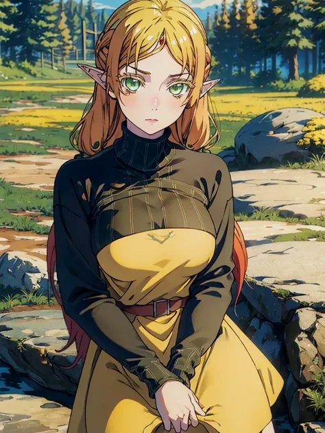 tsundereelf, tsundere elf, long hair, blonde hair, (green eyes:1.5), pointy ears, elf, multicolored hair, forehead jewel, BREAK long sleeves, turtleneck bodysuit, pantyhose, sweater, (black sweater:1.2), dress, (yellow dress:1.5), BREAK outdoors, forest, n...