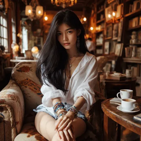 mood photo for advertising, a 16 yo girl sitting inside a cafe, at a coffee table with blue-white-patched table cloth, close-up ...