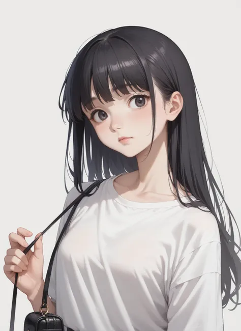 anime girl with long black hair and white shirt holding a black purse, anime moe artstyle, flat anime style shading, anime visua...