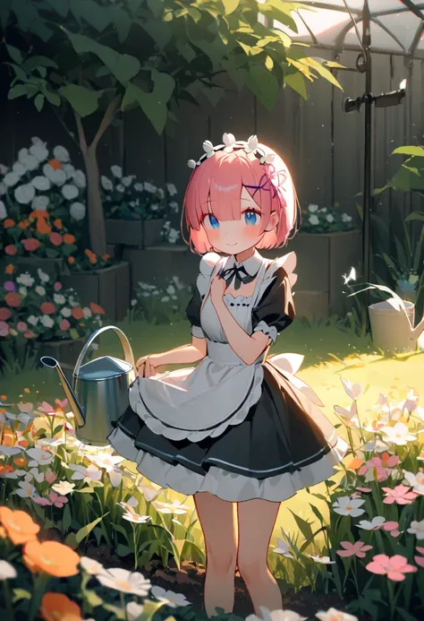 1girl, rem (re:zero), re:zero kara hajimeru isekai seikatsu, maid, maid dress, katyusha, tending to a garden, golden hour lighting, flower field, watering can in hand, gentle breeze, hair slightly messy, content smile, masterpiece, best quality, absurdres
