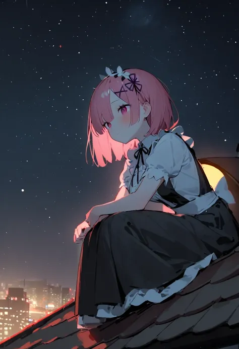 1girl, rem (re:zero), re:zero kara hajimeru isekai seikatsu, maid, maid dress, katyusha, stargazing, nighttime, moonlight, telescope nearby, sitting on rooftop, city lights in background, wondering expression, masterpiece, best quality, absurdres
