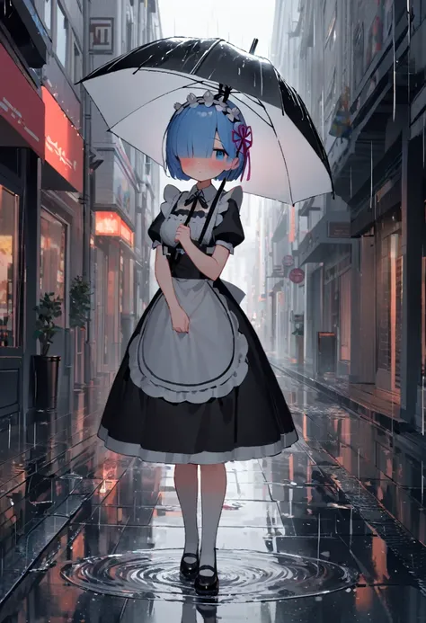 1girl, rem (re:zero), re:zero kara hajimeru isekai seikatsu, maid, maid dress, katyusha, rainy day, standing under clear umbrella, soft diffused light, puddles reflecting sky, city street, slight melancholy expression, masterpiece, best quality, absrederes...