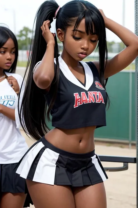 1 hot girl, dark skin, black eyes, ahegao, african, Twin tails, school girl, young teen, small breasts, navel, exposing clothes, cheerleader, hand behind head, tight body, big lips, skirt up, eyes closed