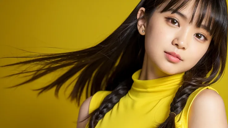 (Detailed face),vivid,cute,Sleeveless and(turtleneck)Yellow silky clothes,4K,Ultra-high resolution,（Photorealistic：1.7）,Yellow background,Long, curly black hair,