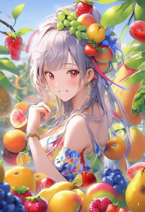 解剖学的に正Shii, Winner of numerous awards, High resolution, masterpiece, High detail, Textured skin, pretty girl、オレンジfruitsのコスプレ、Fruit dress、Juicy、Rui々Shii、fruits、たくさんのfruits、smile、Uplifting、Vibrant、Run、Wind、water、colorful