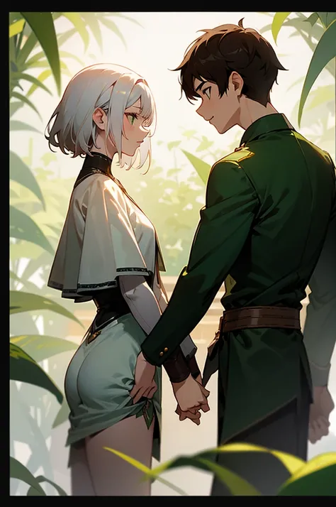 half body picture of a couple beneaf the vines staring at each other, girl with white hair, boy with brown hair, gaussian blur green garden background, tropical vibes