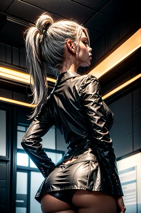 1 girl, black unbuttoned business suit, from below, black miniskirt, upskirt, round butt, wide hips, bar stool, bar, dimly lit, white hair, long hair, concept art, back view, facing away, tilted angle, dutch angle, standing