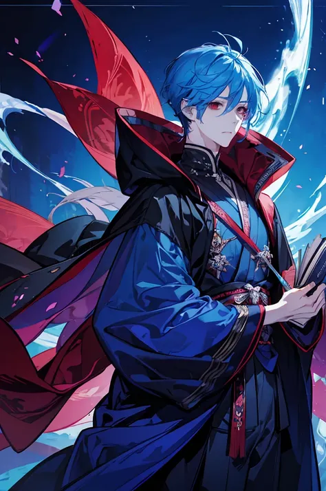 Sorcerer a pinkhightlightbluehair men, wearing a , fasion hair, fasion hair, slim body, hood, hakama, men, handsome face, tall 187cm, 21yearold, male, Secret,  magicbook, red eyes, villianface