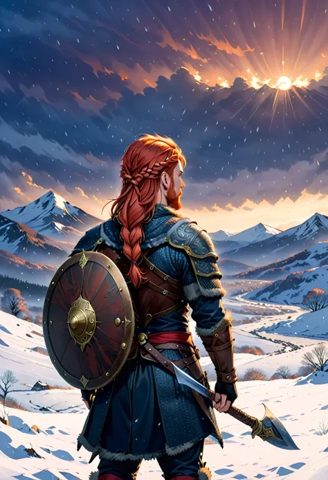 A digital illustration of a Viking warrior with red hair, standing in a snowy landscape. The warrior is viewed from the back, holding a large axe over their shoulder. Their hair is braided, and they wear dark, weathered armor. A round shield is strapped to...