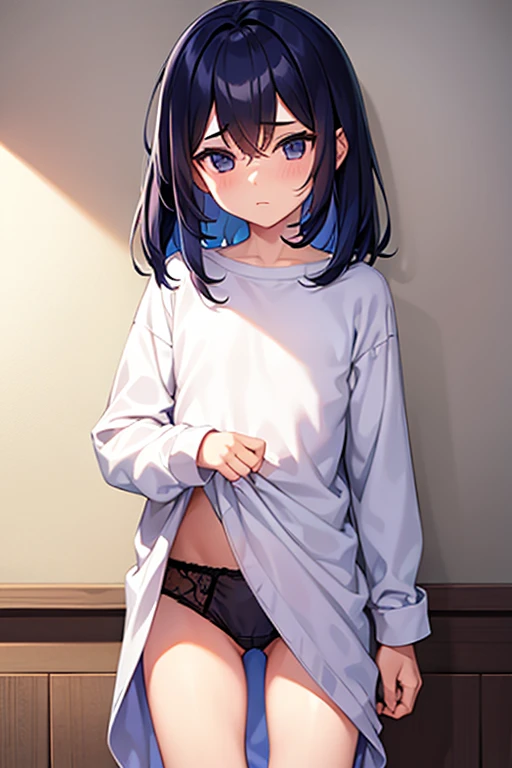 a boy, boy, with a long-sleeved shirt, shorth hair, wearing panties cuddly.