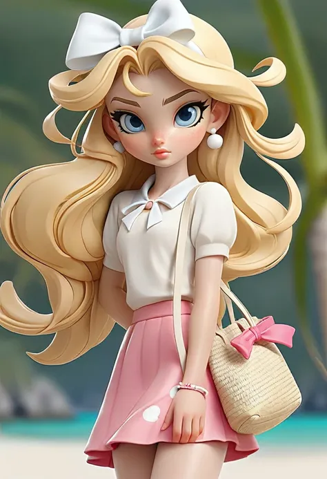 A character with the characteristics: long blonde hair white skin blue eyes a little white bow on her head with a pink top a pink beach skirt and a white bag a white sandal