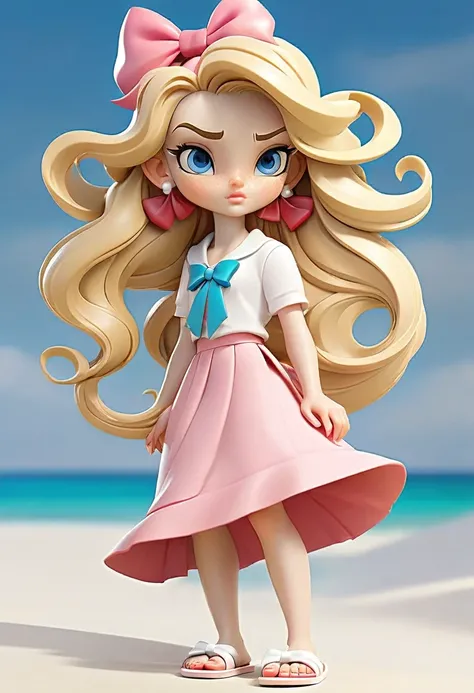 A character with the characteristics: long blonde hair white skin blue eyes a little white bow on her head with a pink top a pink beach skirt and a white bag a white sandal